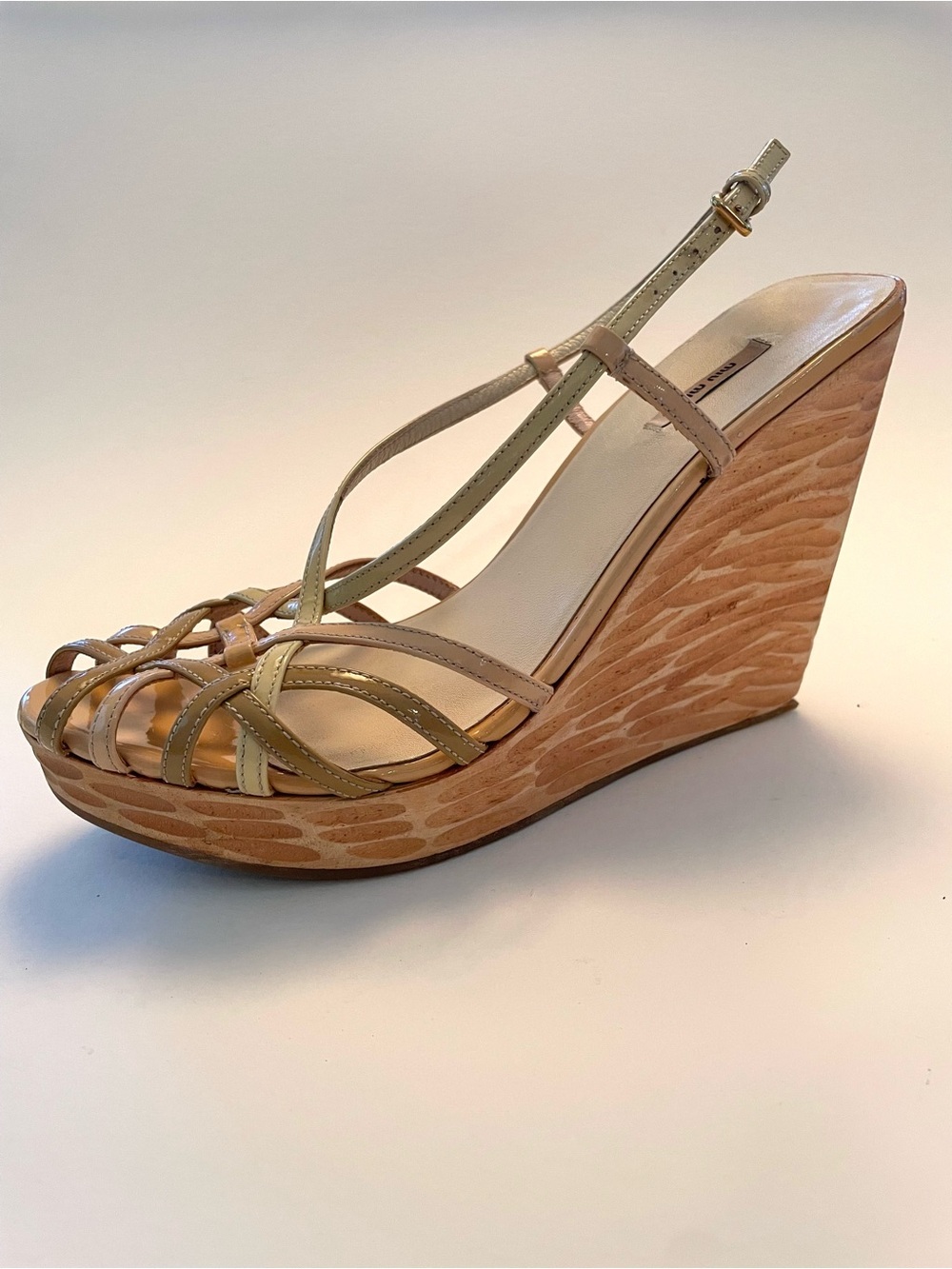 Vintage Miu Miu Wood Carved Strappy Sling Back Wedges